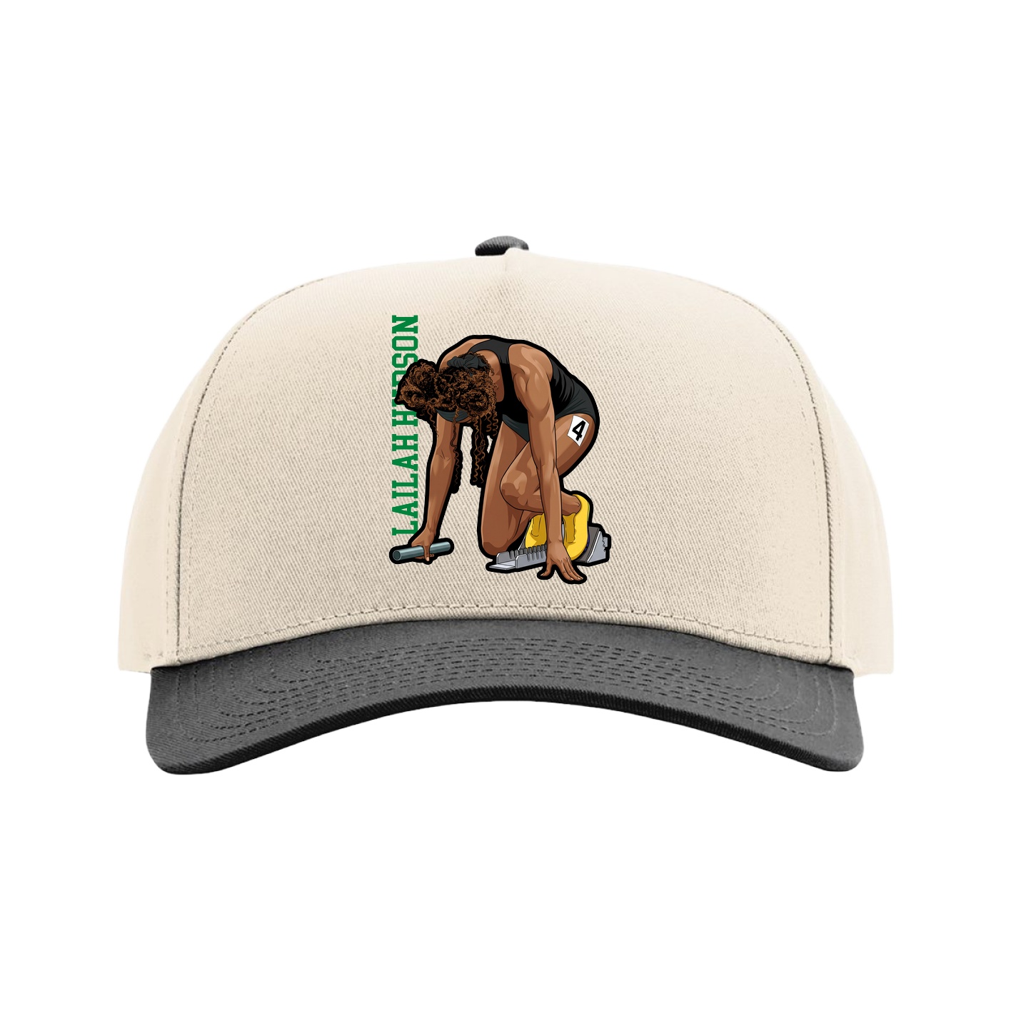 Full Fabric Five-Panel Champ Cap — Name Vertical in Cream/Black