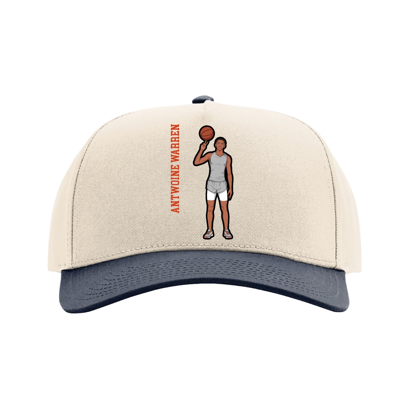 Full Fabric Five-Panel Champ Cap — Name Vertical in Cream/Navy