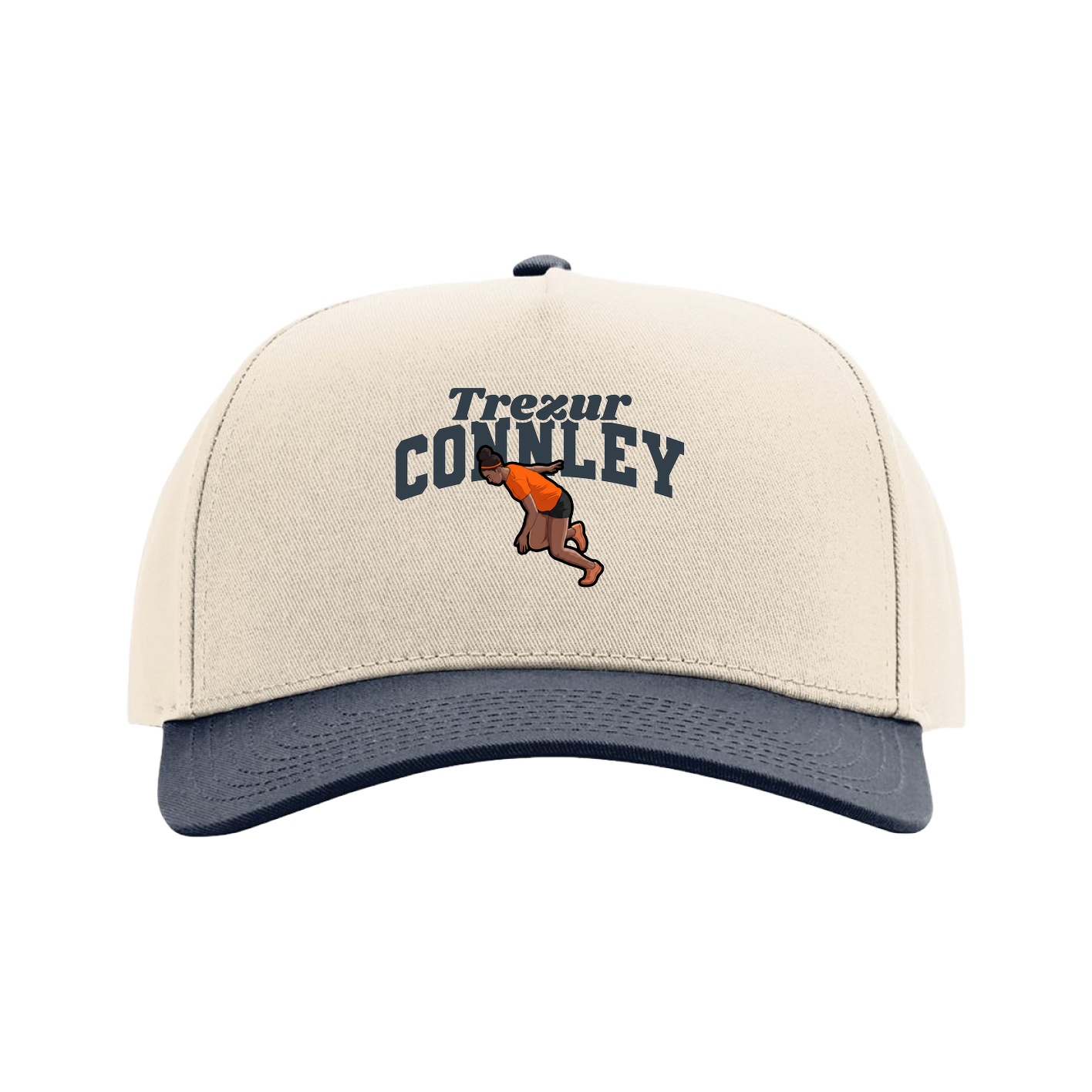 Full Fabric Five-Panel Champ Cap — Signature Arch in Cream/Navy