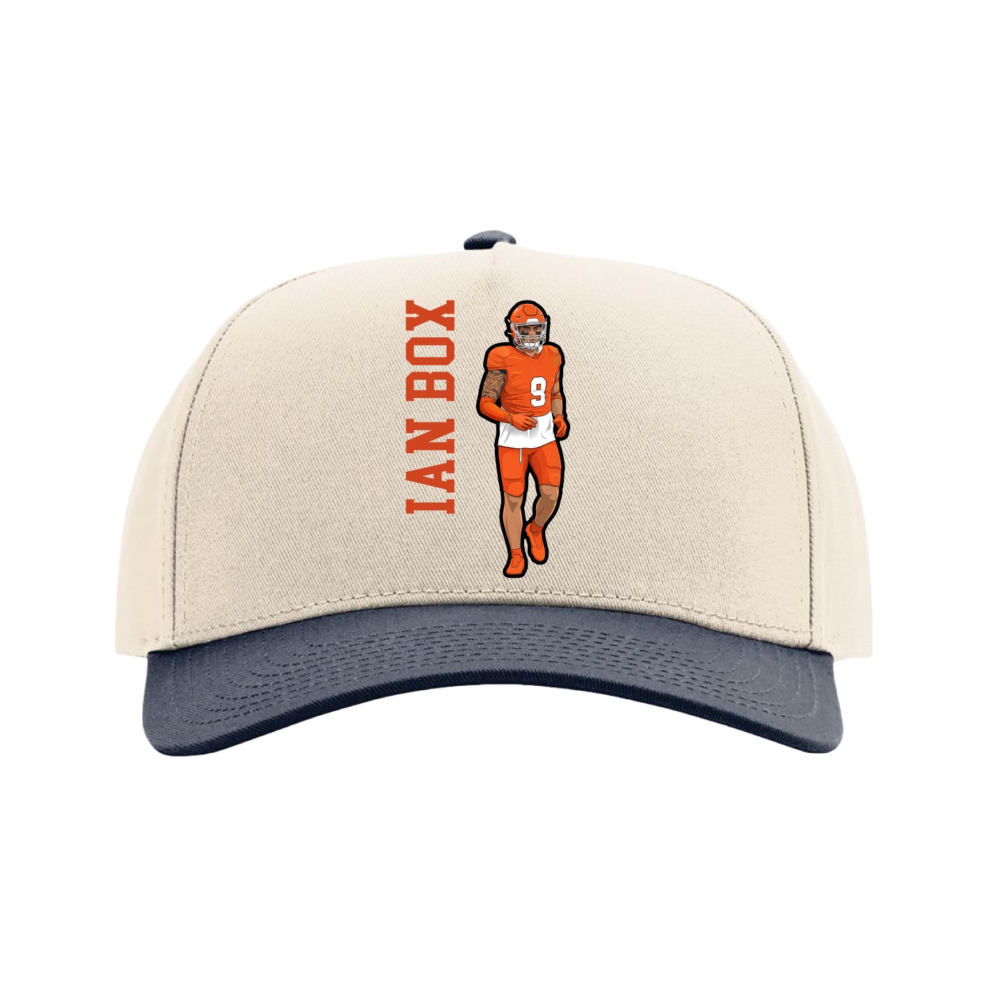 Full Fabric Five-Panel Champ Cap — Name Vertical in Cream/Navy