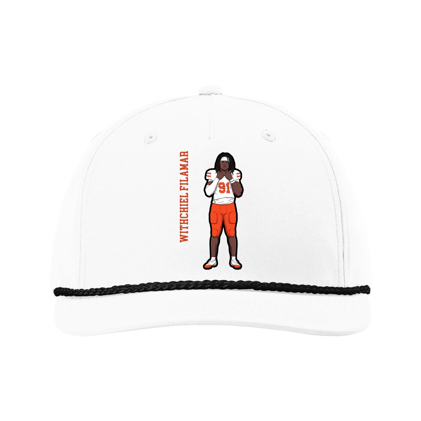 Five-Panel Classic Rope Cap — Name Vertical in White