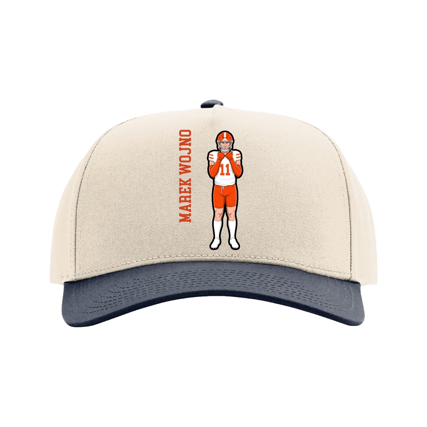 Full Fabric Five-Panel Champ Cap — Name Vertical in Cream/Navy