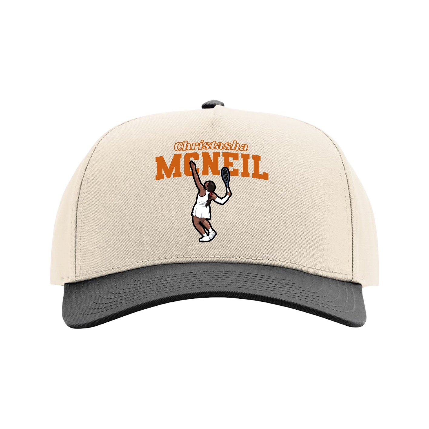 Full Fabric Five-Panel Champ Cap — Name Arch in Cream/Black