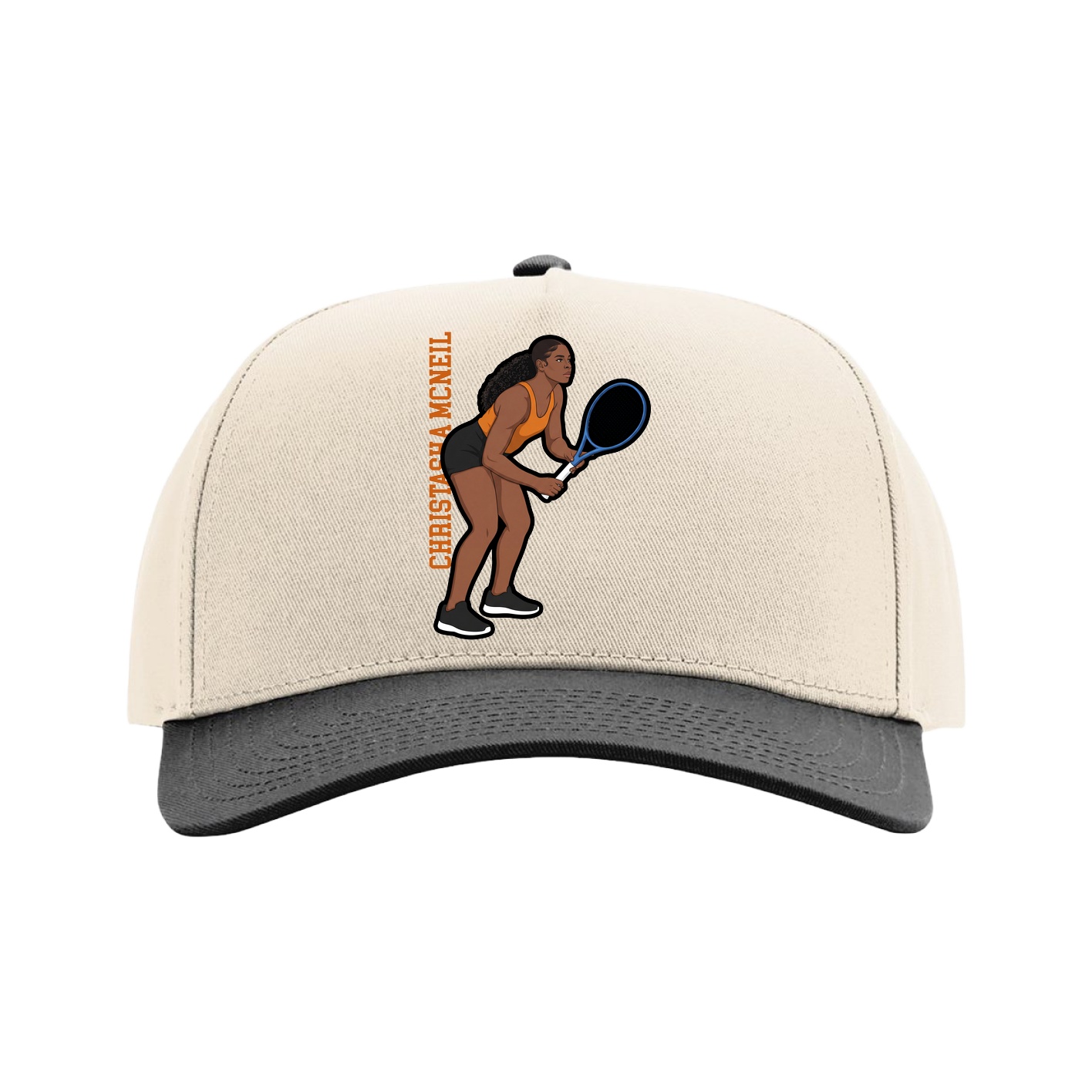 Full Fabric Five-Panel Champ Cap — Name Vertical in Cream/Black