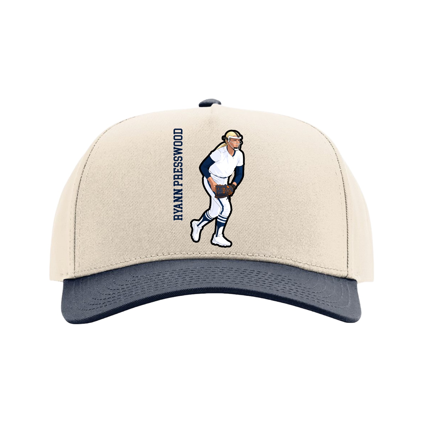 Full Fabric Five-Panel Champ Cap — Name Vertical in Cream/Navy