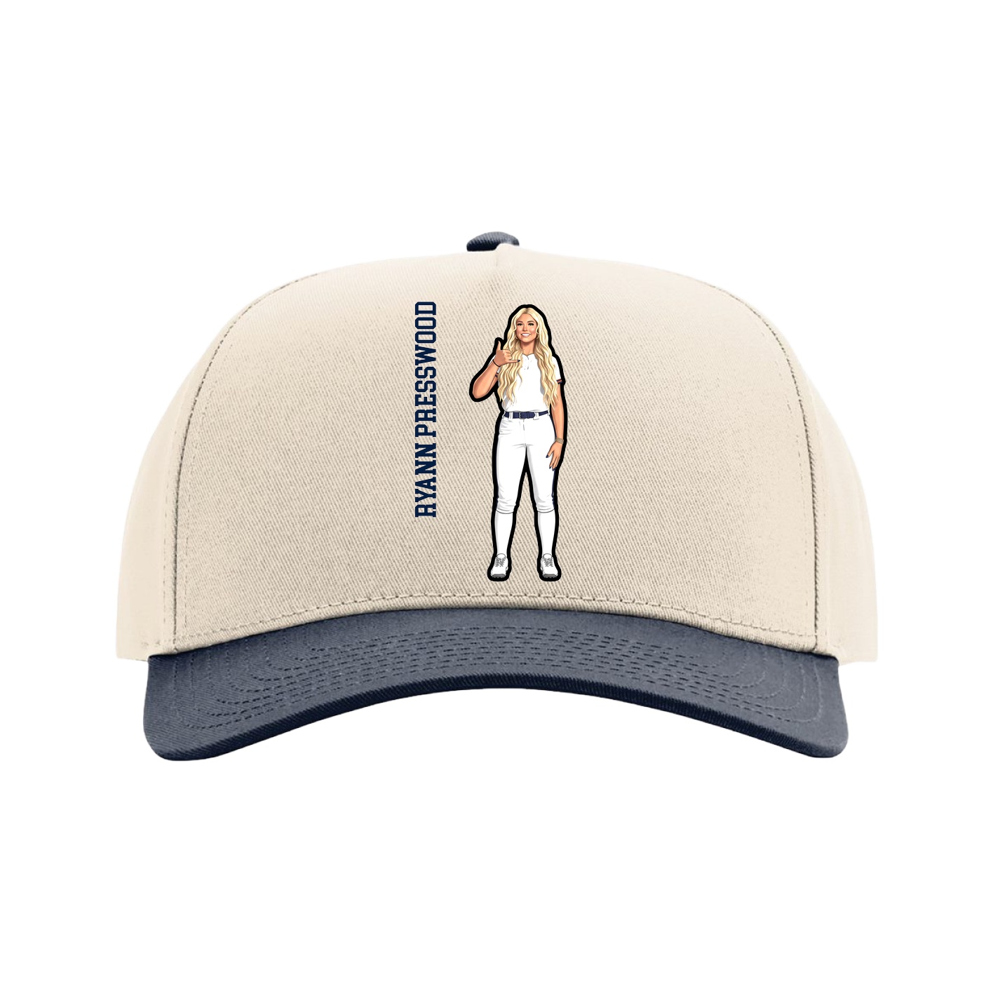 Full Fabric Five-Panel Champ Cap — Name Vertical in Cream/Navy