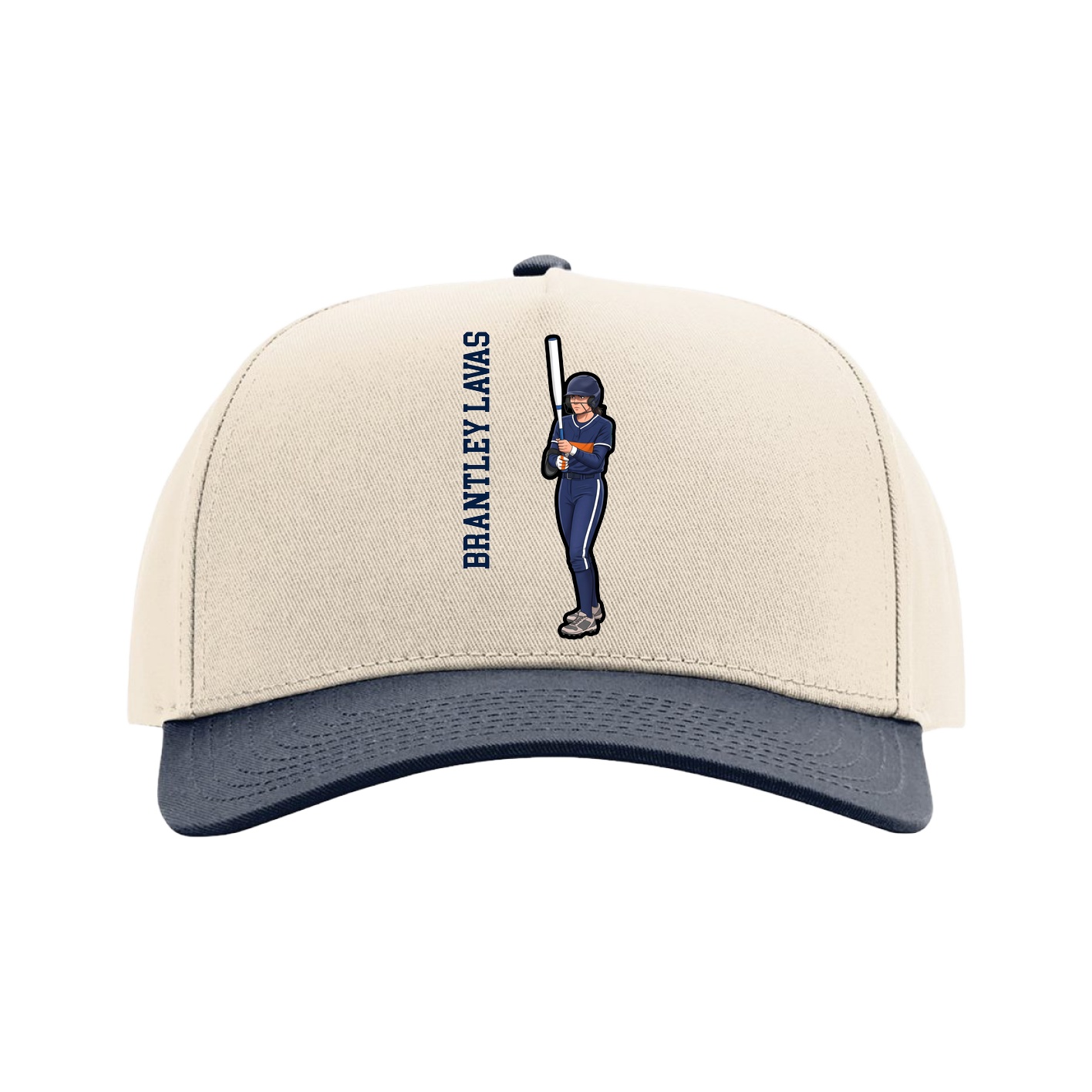 Full Fabric Five-Panel Champ Cap — Name Vertical in Cream/Navy
