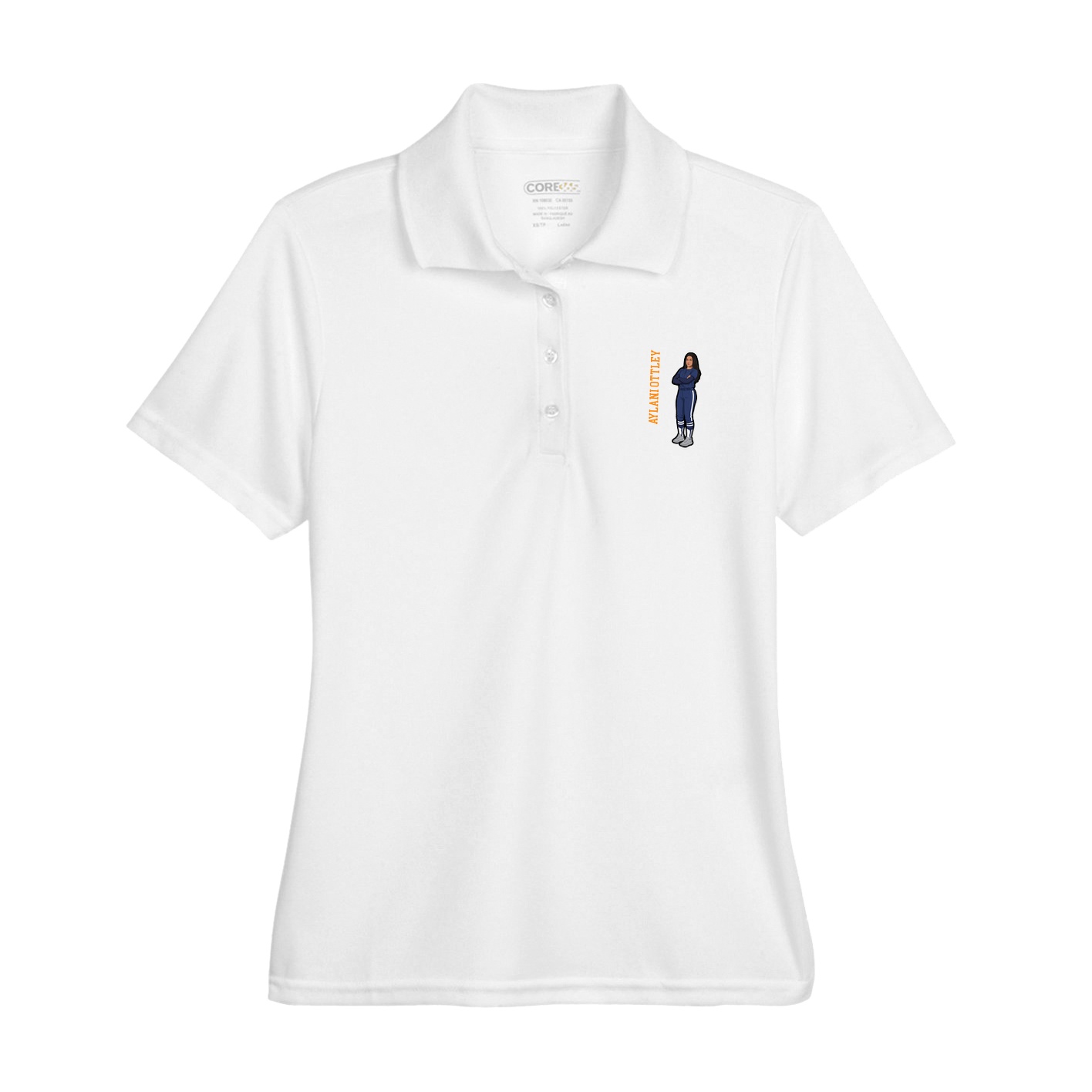 Womens Performance Polo — Name Vertical in White