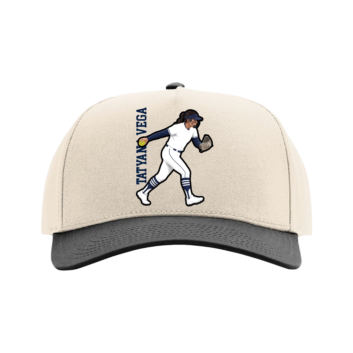 Full Fabric Five-Panel Champ Cap — Name Vertical in Cream/Black