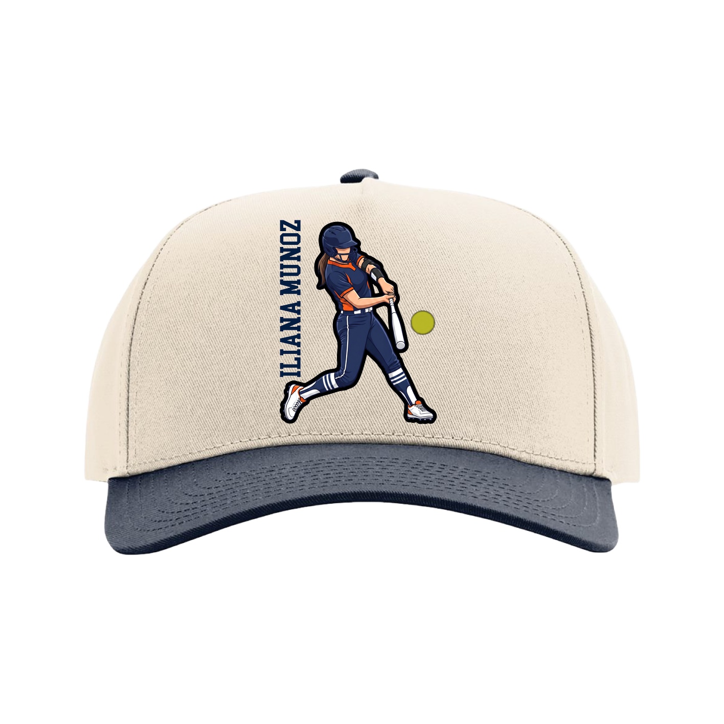 Full Fabric Five-Panel Champ Cap — Name Vertical in Cream/Navy