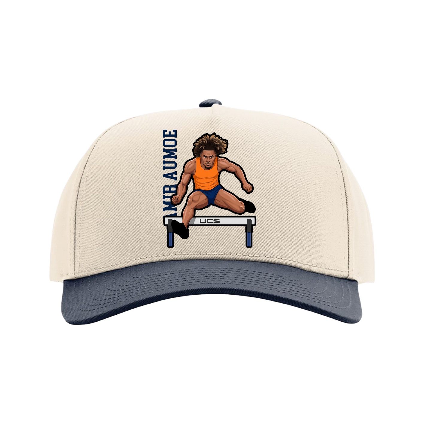 Full Fabric Five-Panel Champ Cap — Name Vertical in Cream/Navy