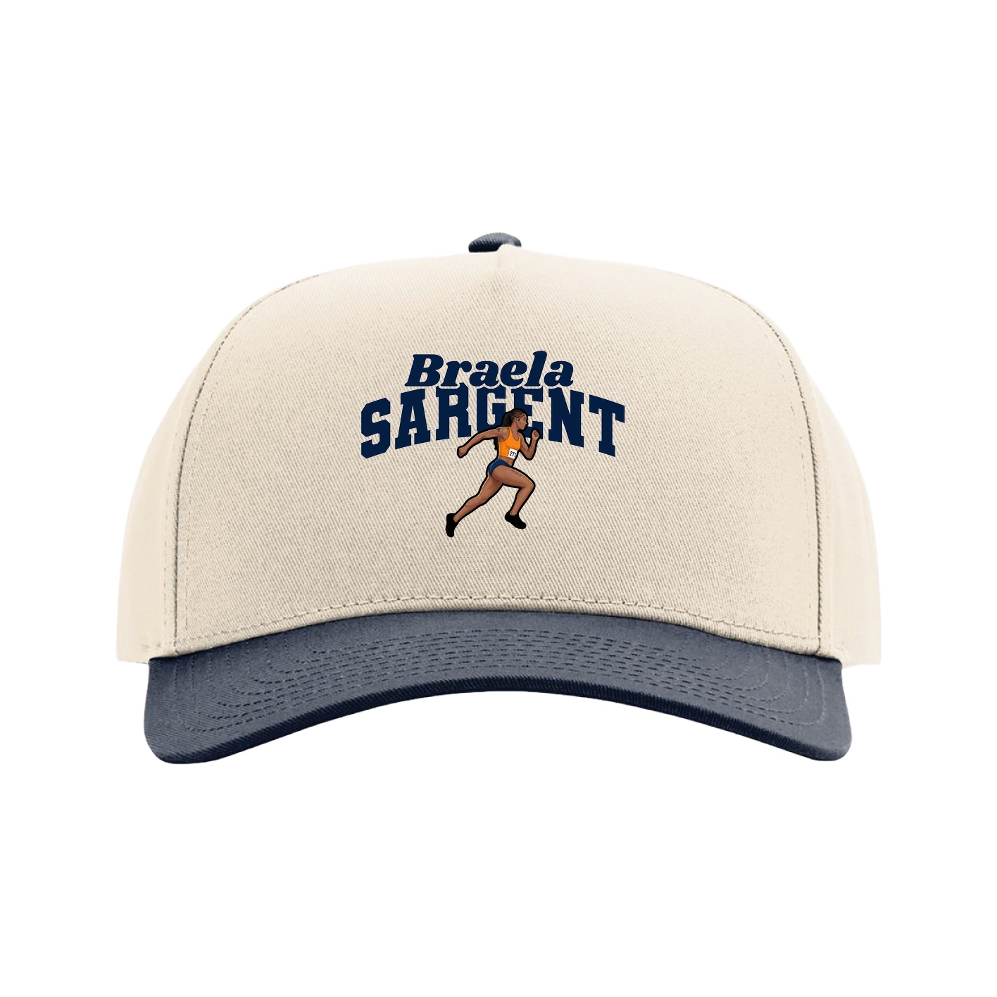 Full Fabric Five-Panel Champ Cap — Signature Arch in Cream/Navy