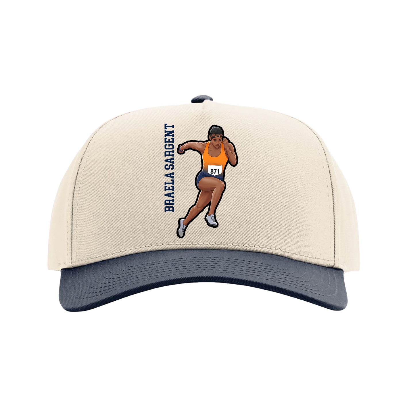 Full Fabric Five-Panel Champ Cap — Name Vertical in Cream/Navy