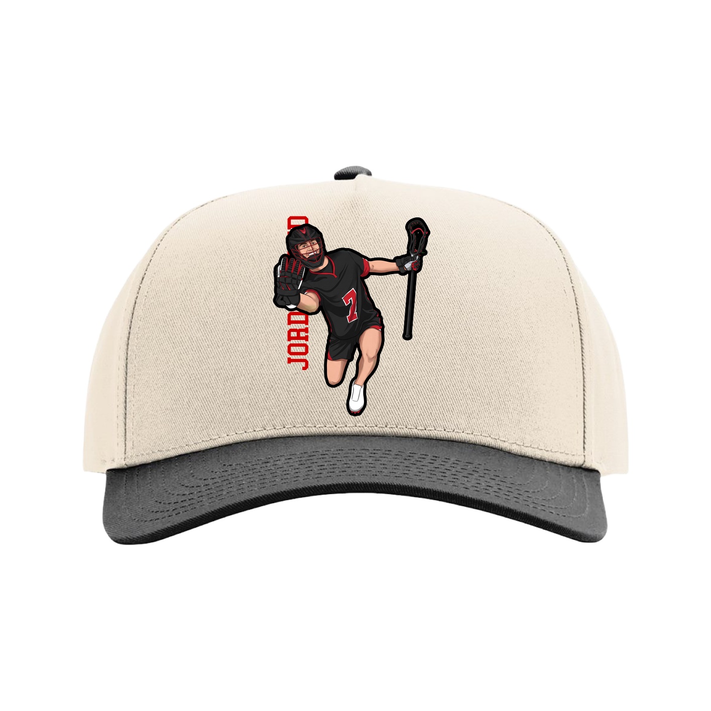 Full Fabric Five-Panel Champ Cap — Name Vertical in Cream/Black