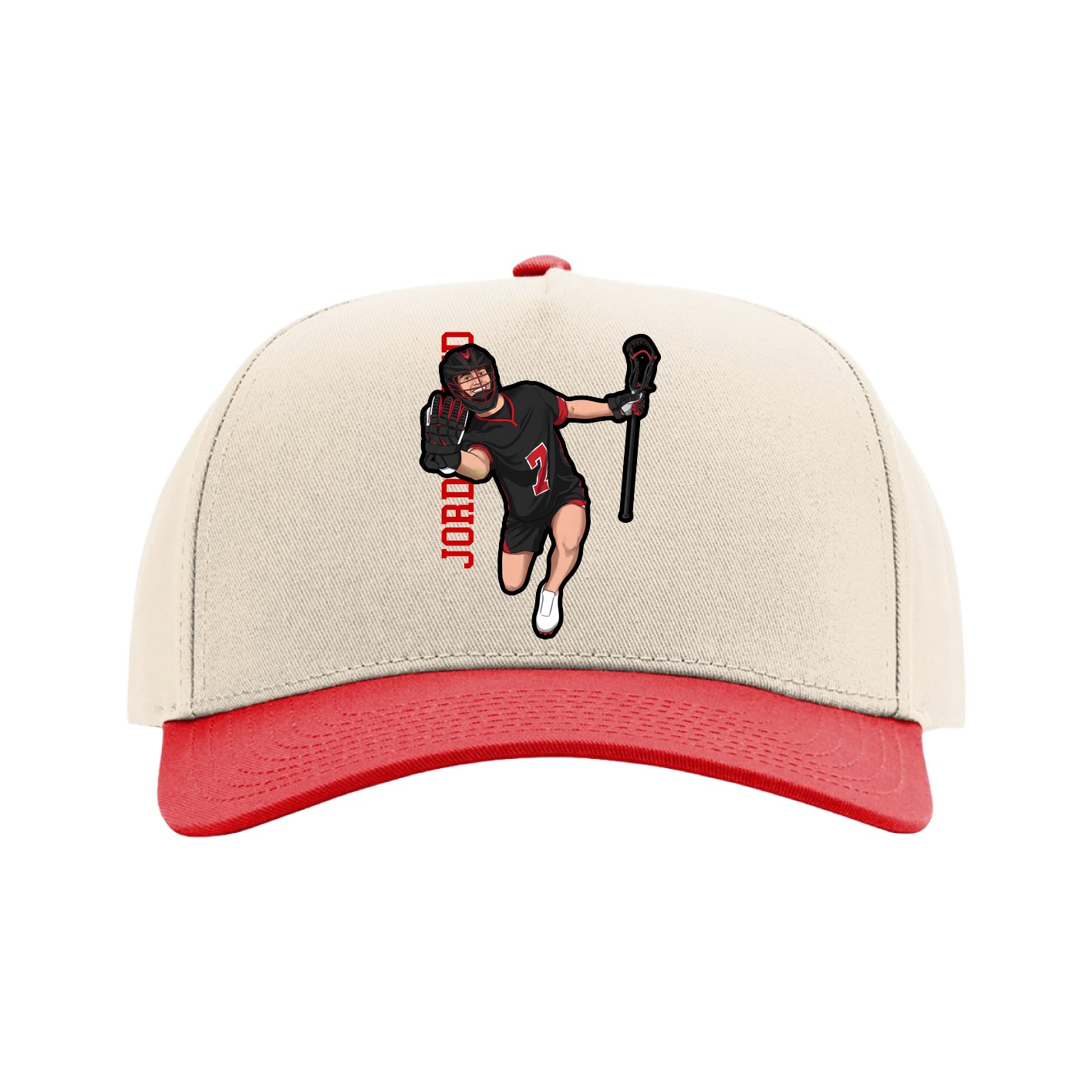 Full Fabric Five-Panel Champ Cap — Name Vertical in Cream/Red