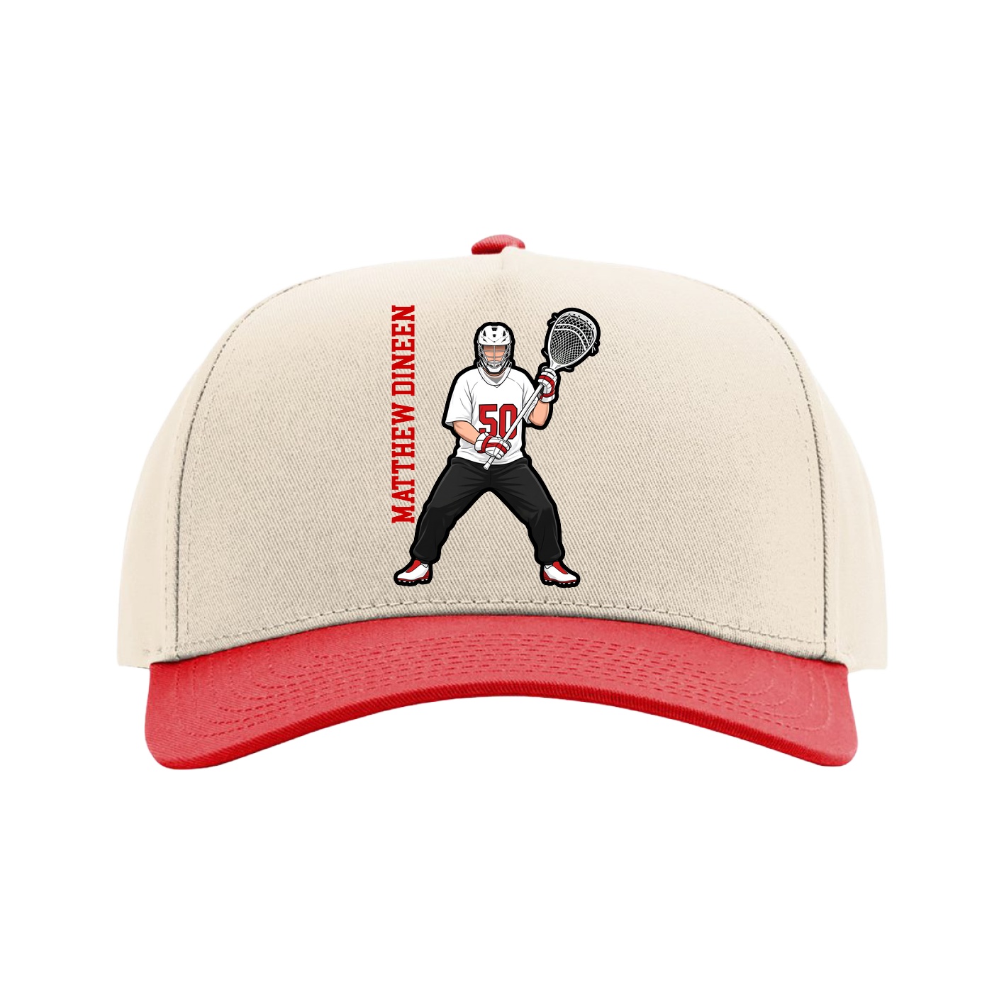 Full Fabric Five-Panel Champ Cap — Name Vertical in Cream/Red