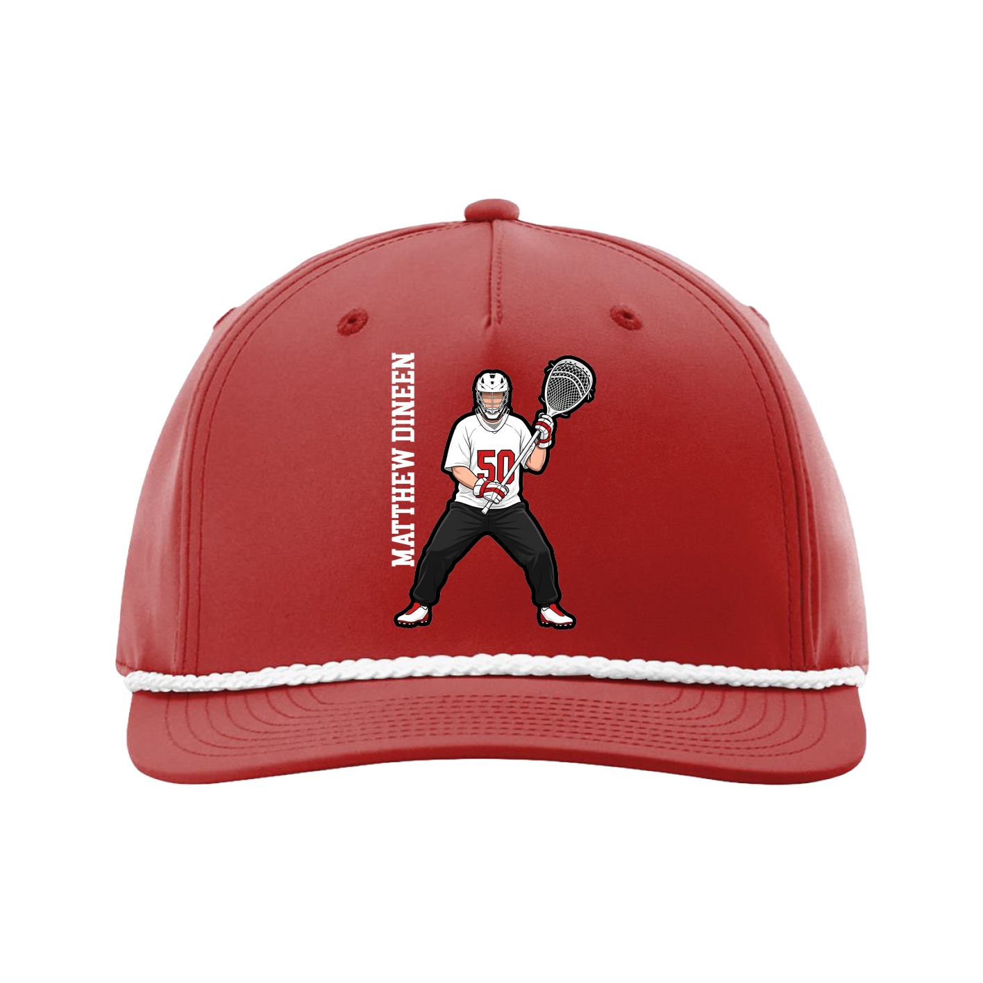 Five-Panel Classic Rope Cap — Name Vertical in Red