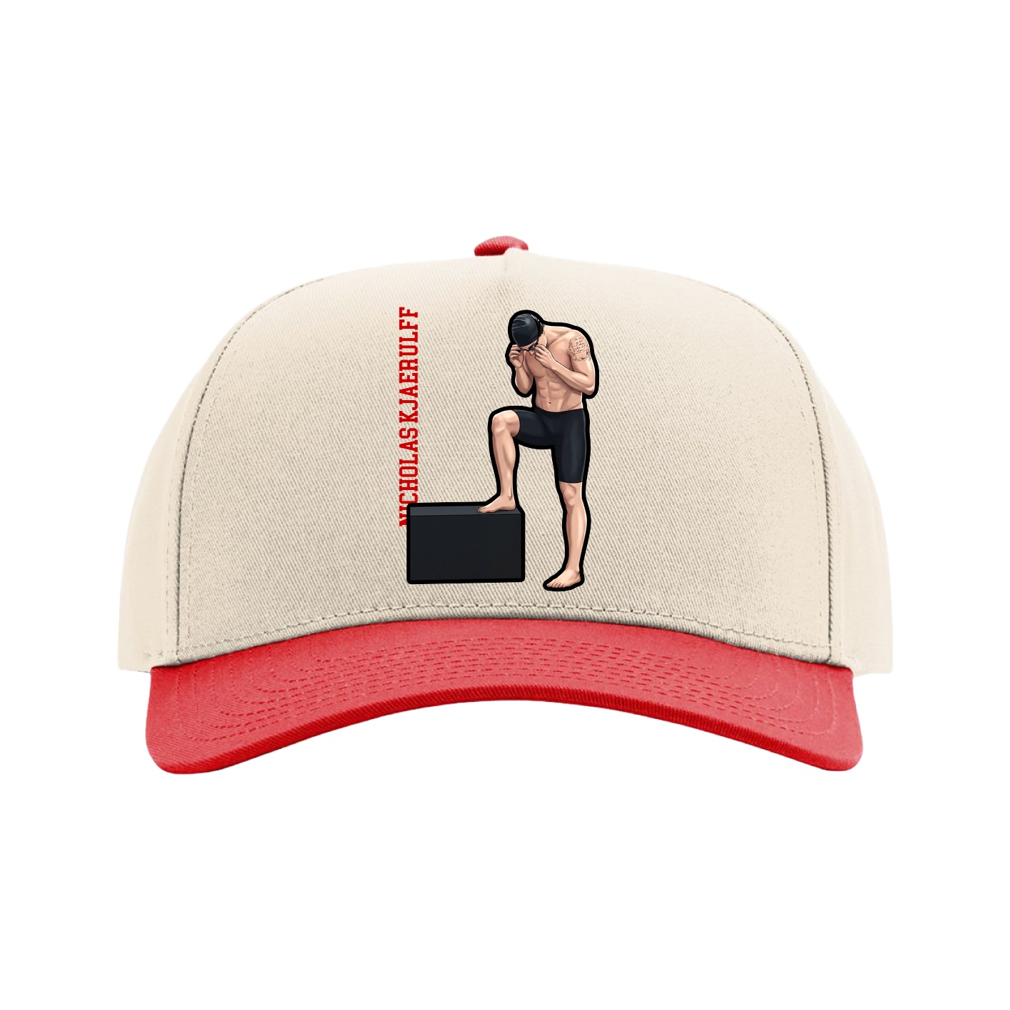 Full Fabric Five-Panel Champ Cap — Name Vertical in Cream/Red