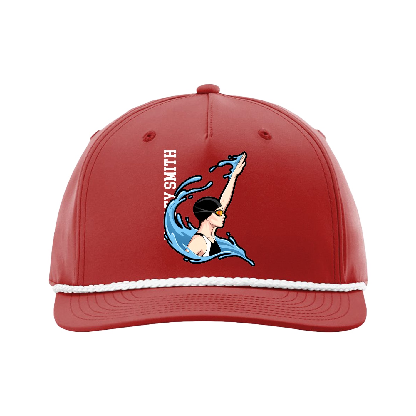 Five-Panel Classic Rope Cap — Name Vertical in Red