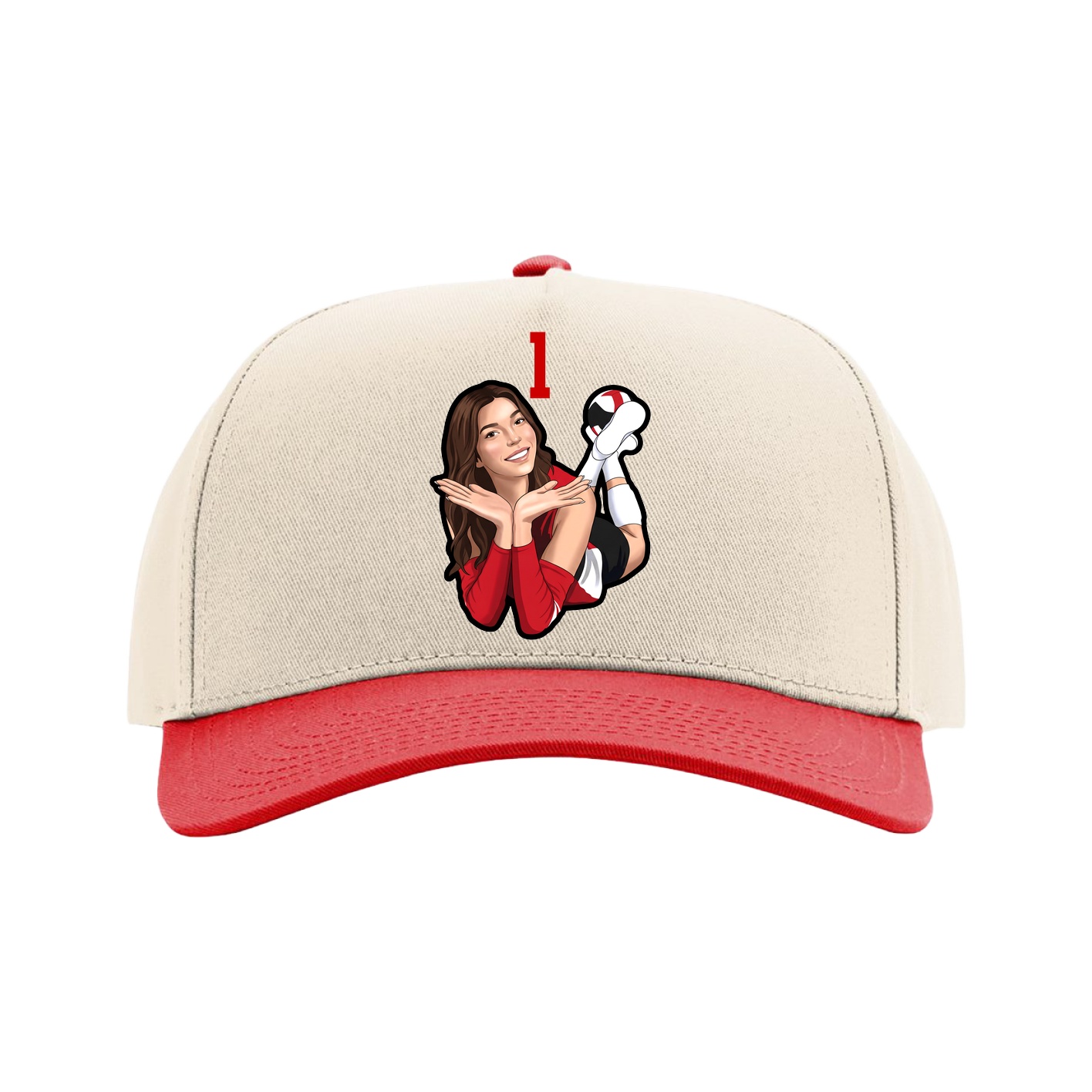 Full Fabric Five-Panel Champ Cap — Number Top in Cream/Red