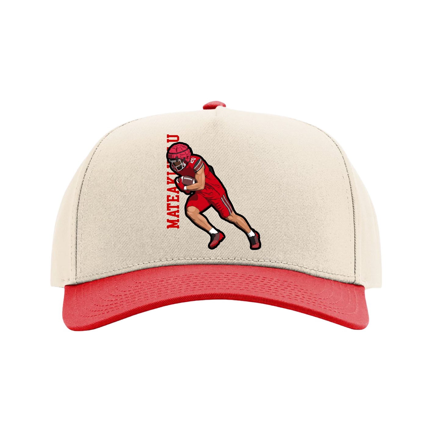 Full Fabric Five-Panel Champ Cap — Name Vertical in Cream/Red