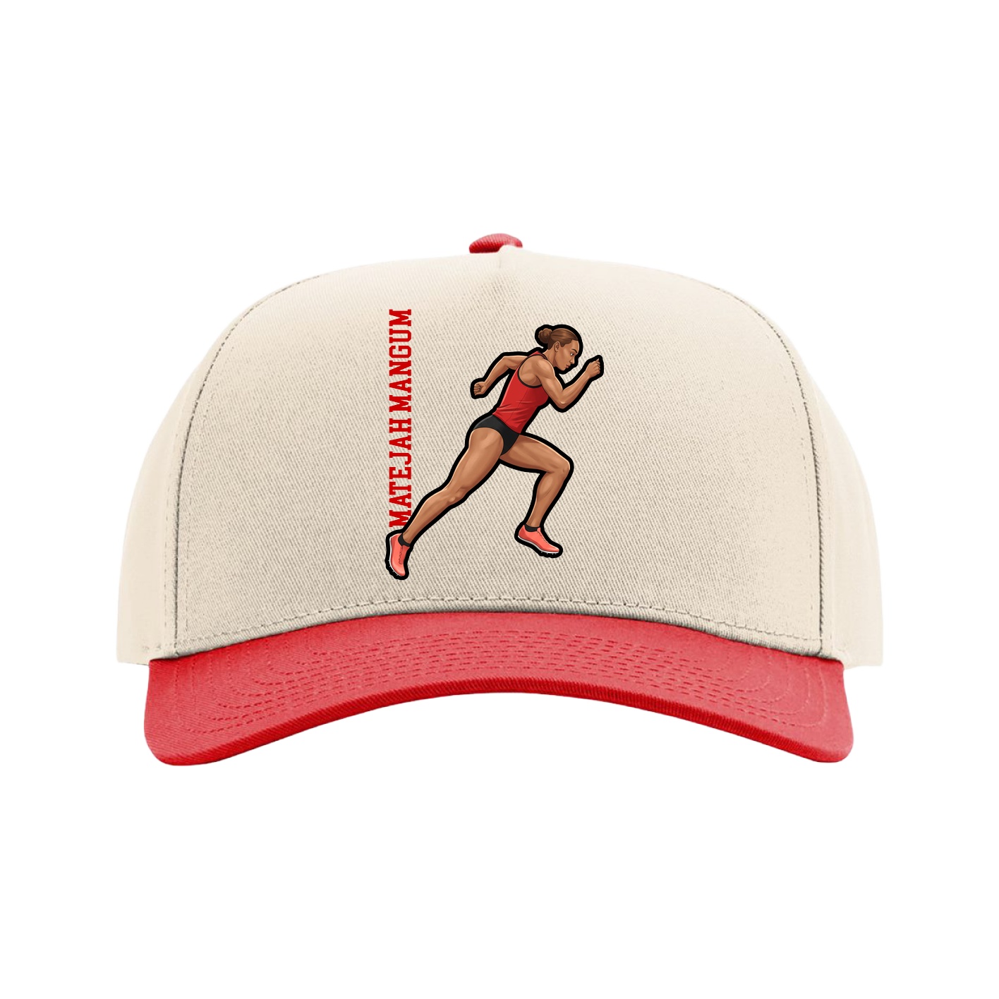 Full Fabric Five-Panel Champ Cap — Name Vertical in Cream/Red