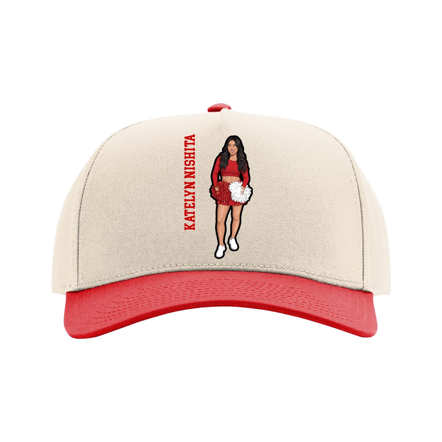 Full Fabric Five-Panel Champ Cap — Name Vertical in Cream/Red