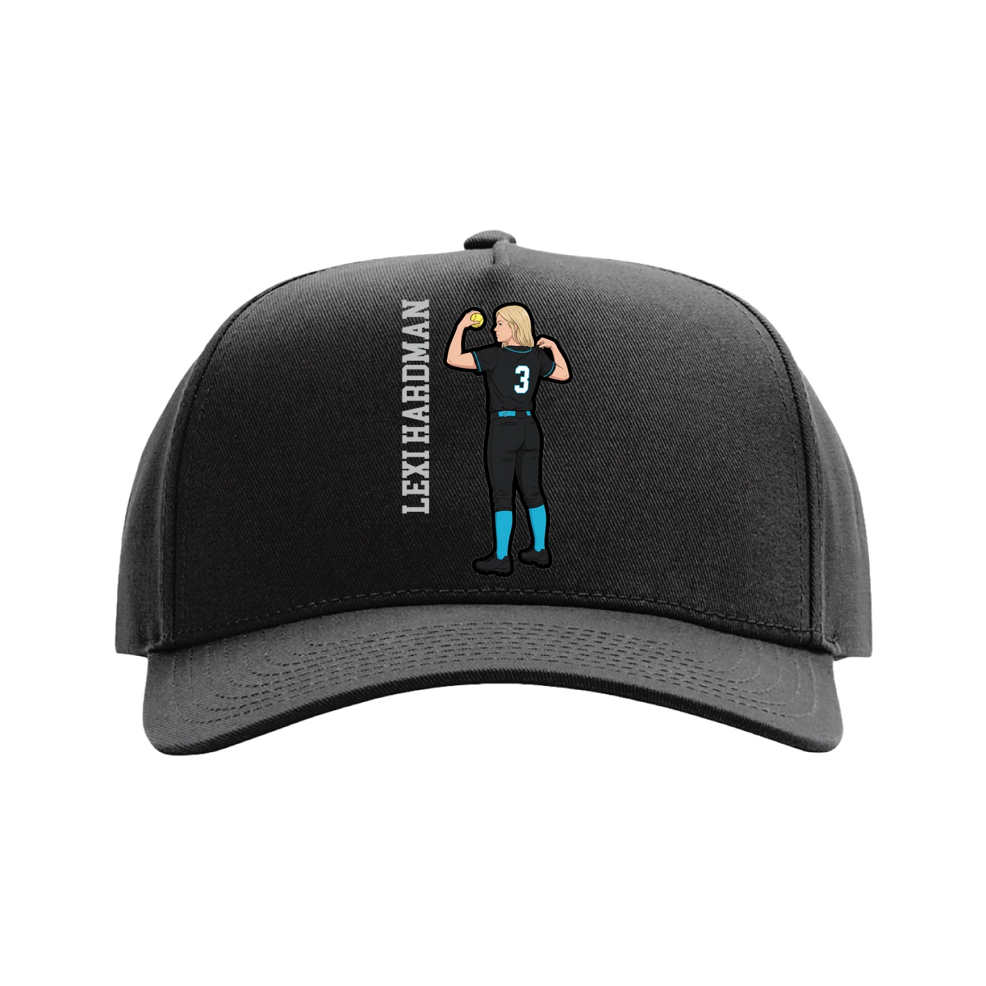 Full Fabric Five-Panel Champ Cap — Name Vertical in Black