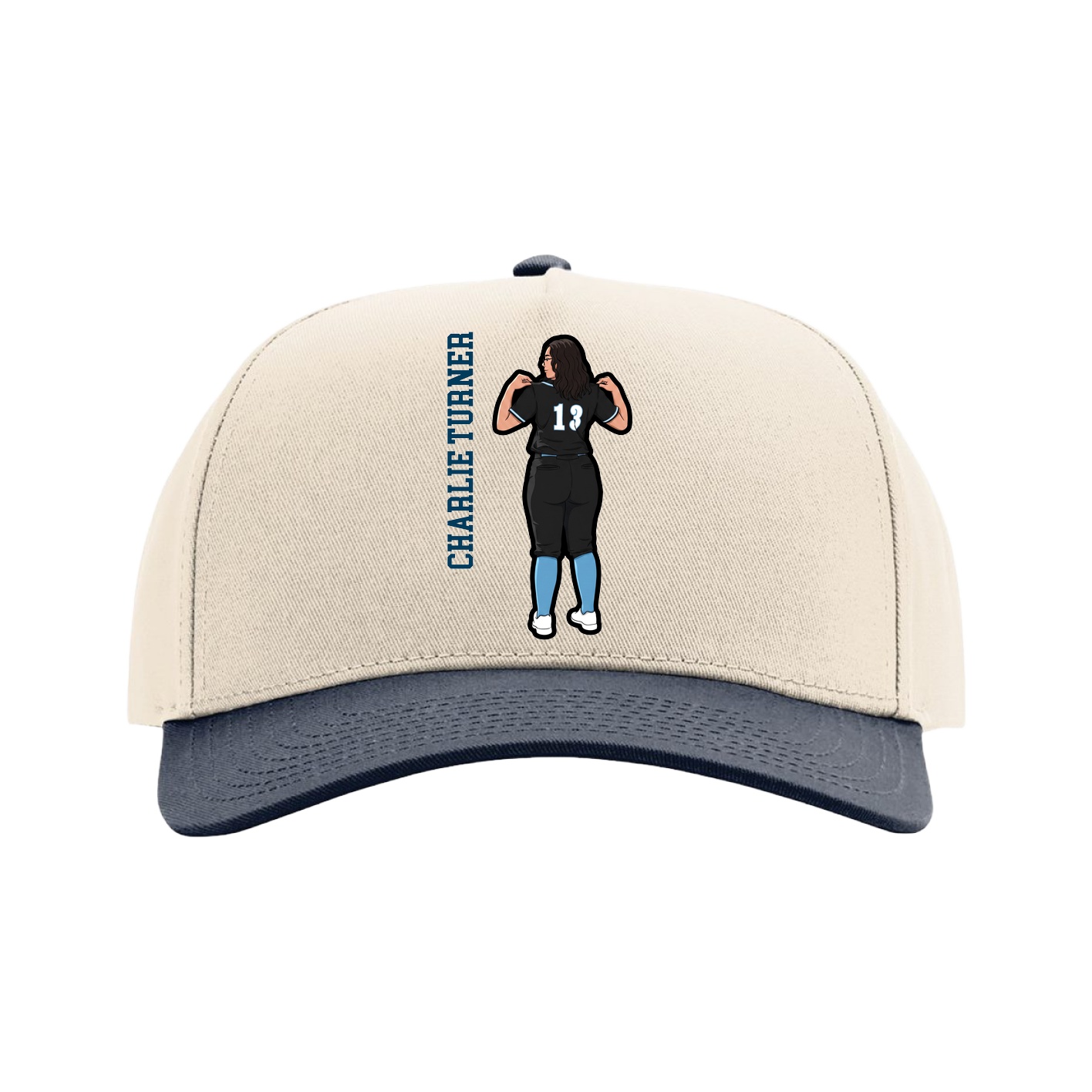 Full Fabric Five-Panel Champ Cap — Name Vertical in Cream/Navy