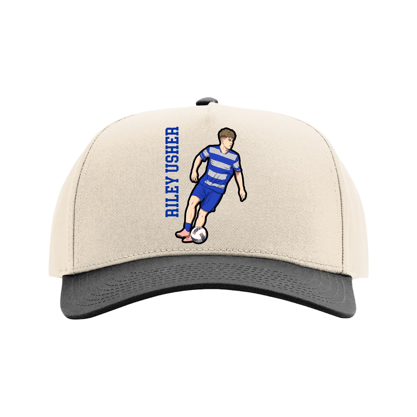 Full Fabric Five-Panel Champ Cap — Name Vertical in Cream/Black