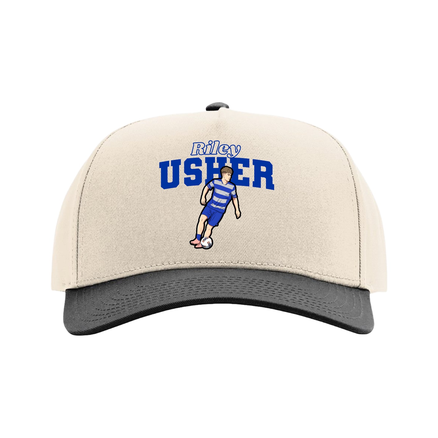 Full Fabric Five-Panel Champ Cap — Name Arch in Cream/Black
