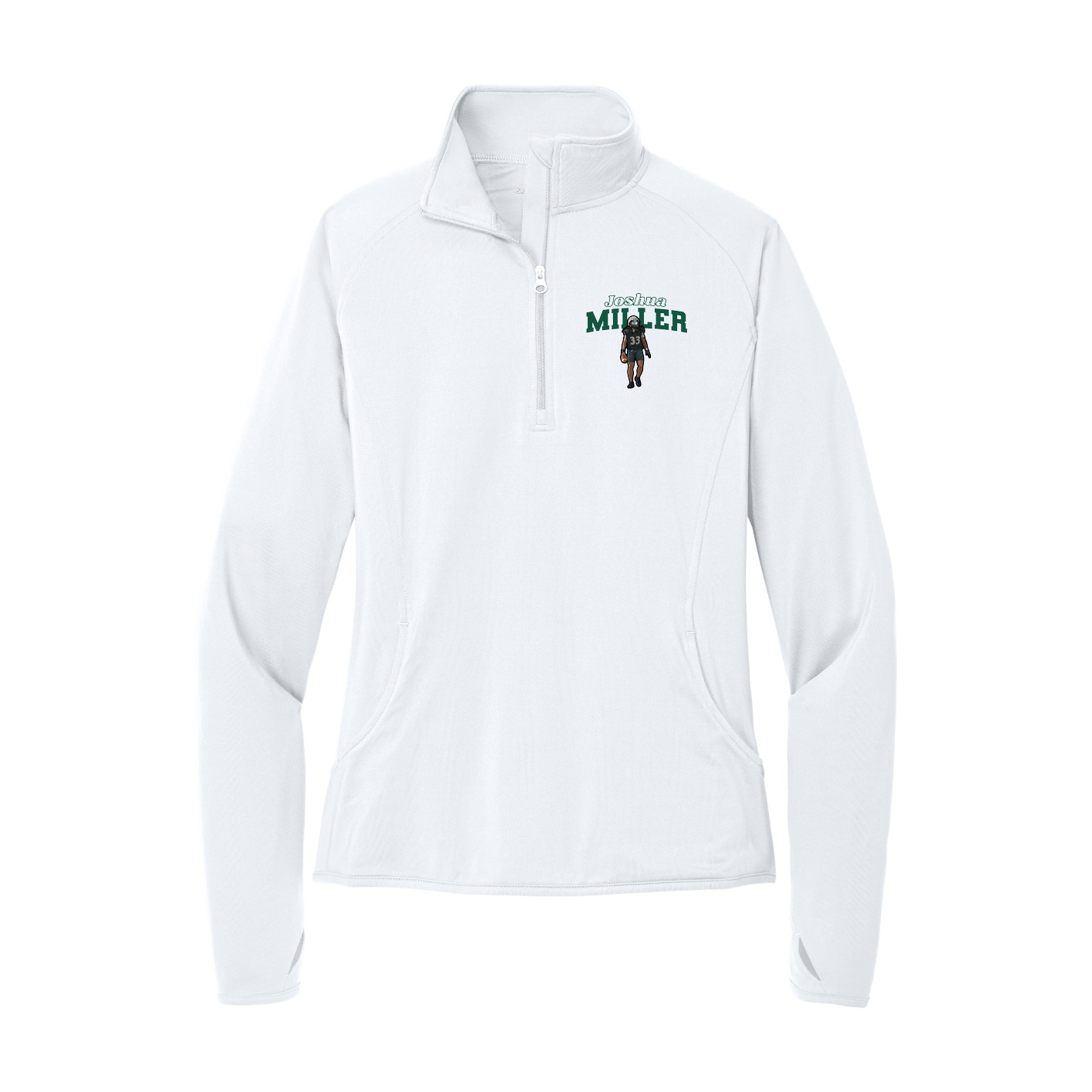 Women's Q-Zip Pullover — Name Arch in White