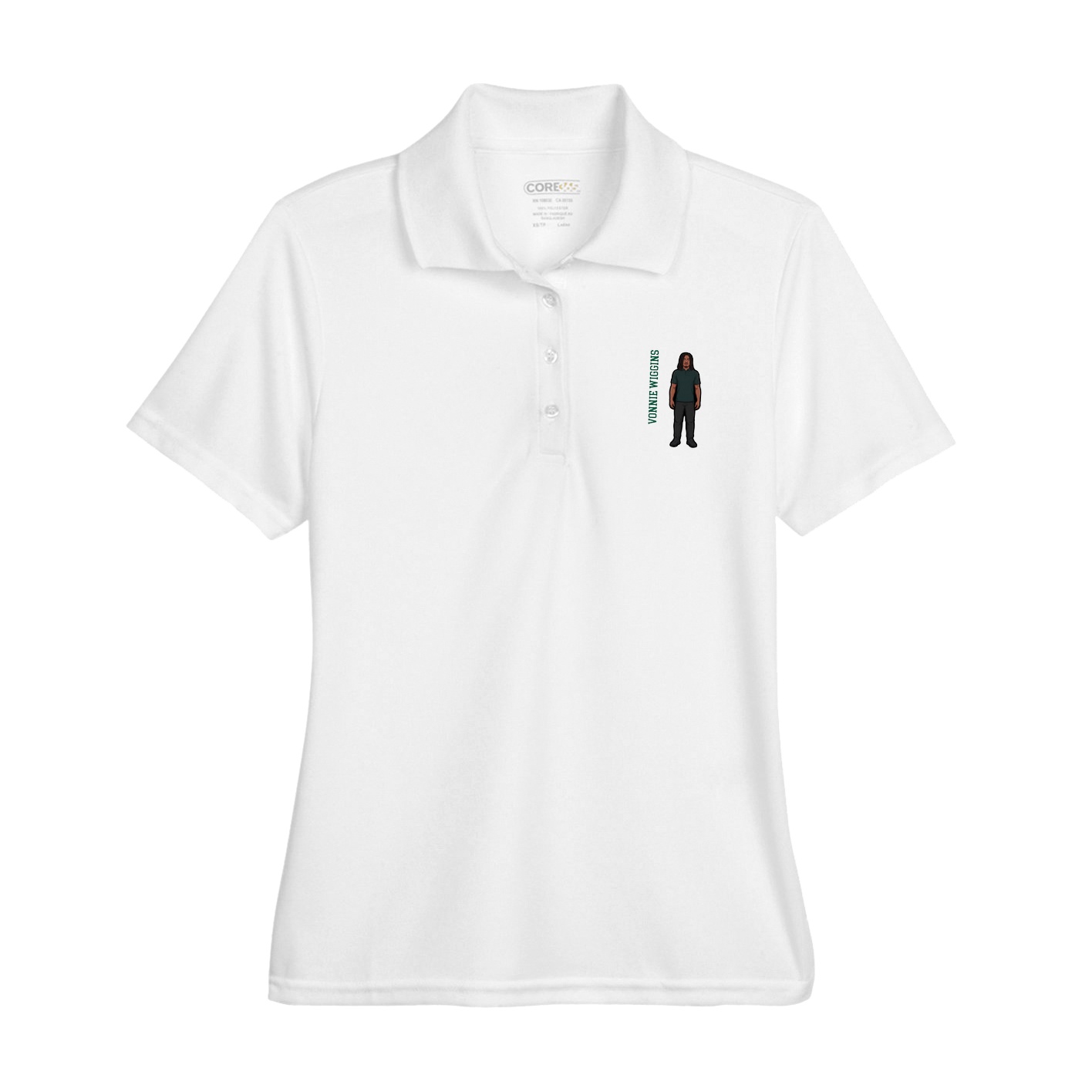 Womens Performance Polo — Name Vertical in White