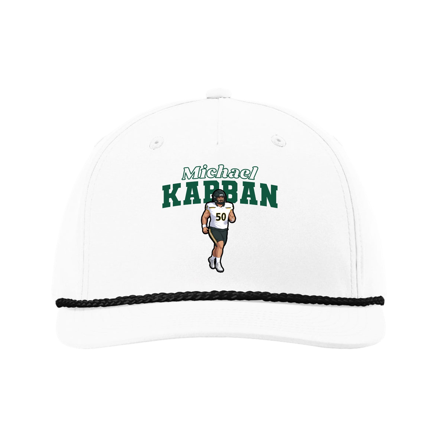 Five-Panel Classic Rope Cap — Name Arch in White