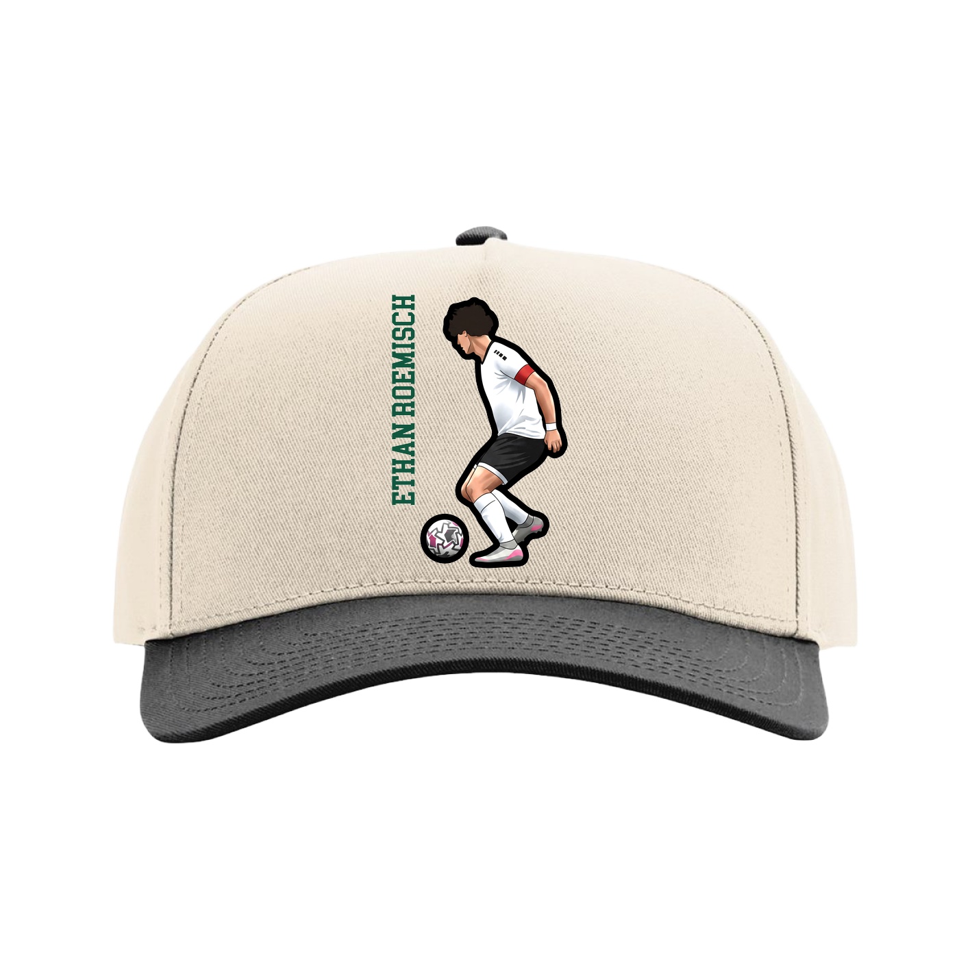 Full Fabric Five-Panel Champ Cap — Name Vertical in Cream/Black