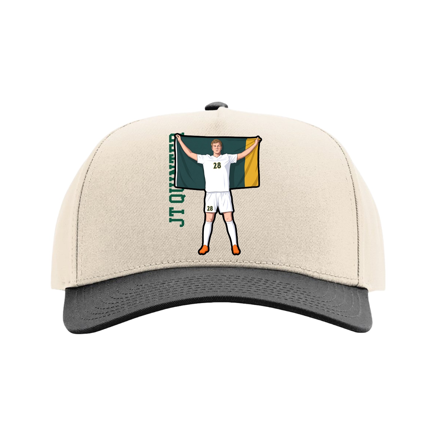 Full Fabric Five-Panel Champ Cap — Name Vertical in Cream/Black