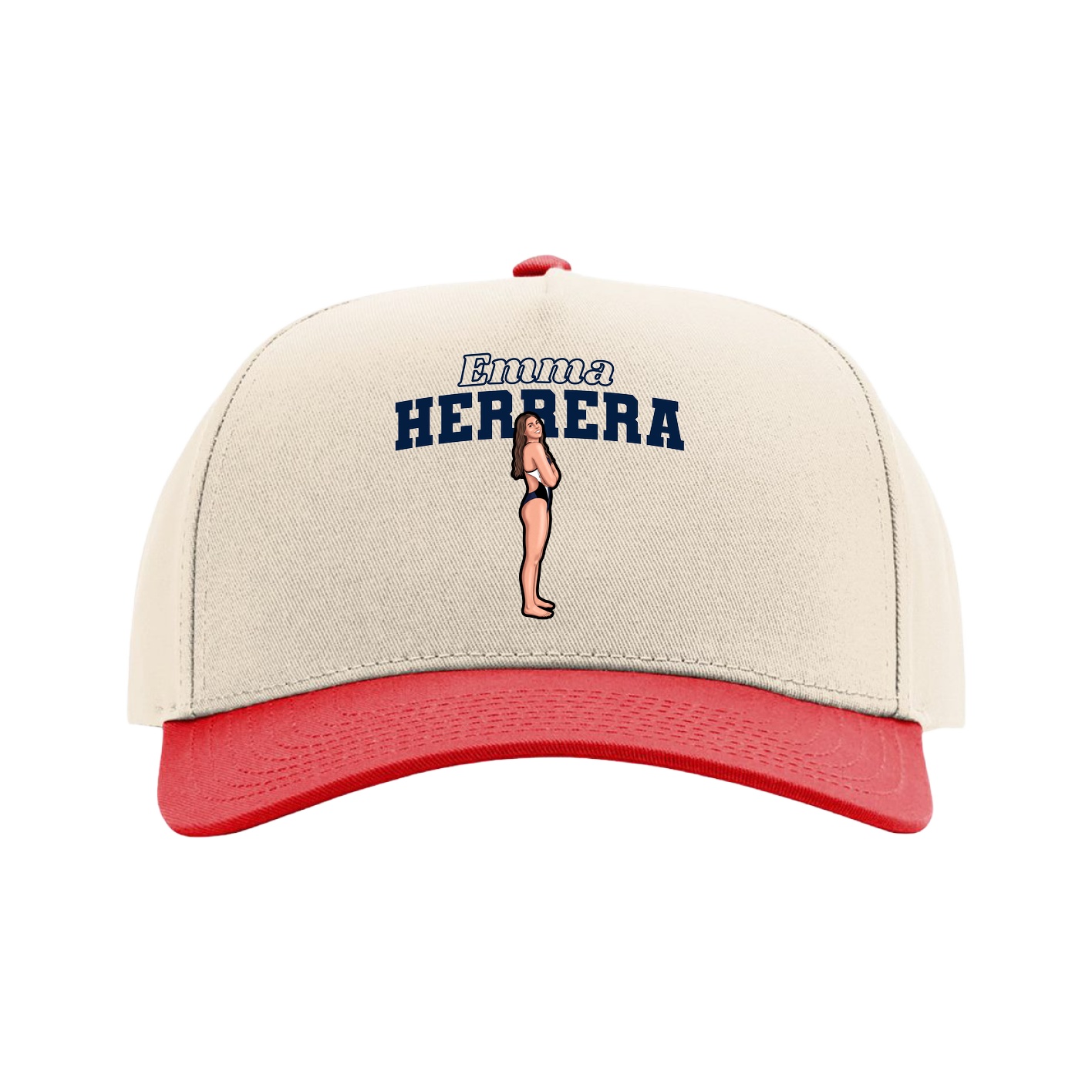 Full Fabric Five-Panel Champ Cap — Name Arch in Cream/Red
