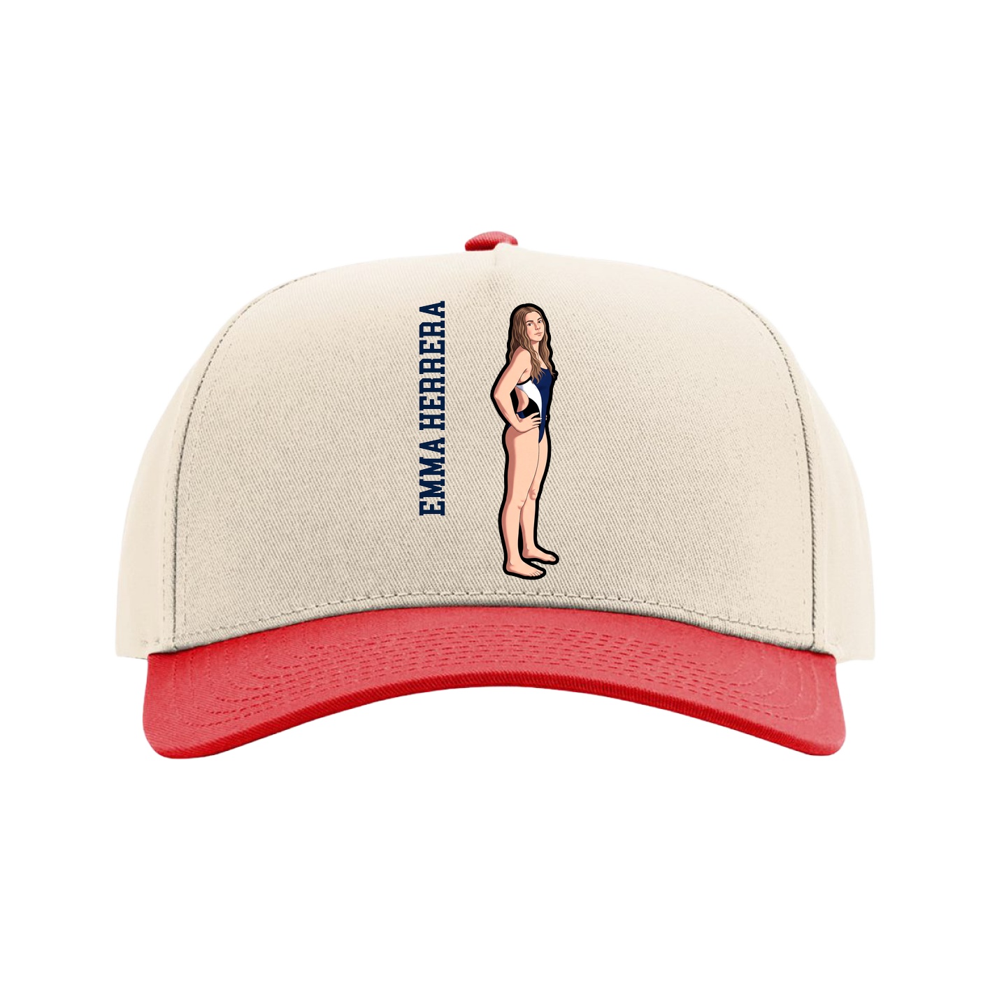 Full Fabric Five-Panel Champ Cap — Name Vertical in Cream/Red