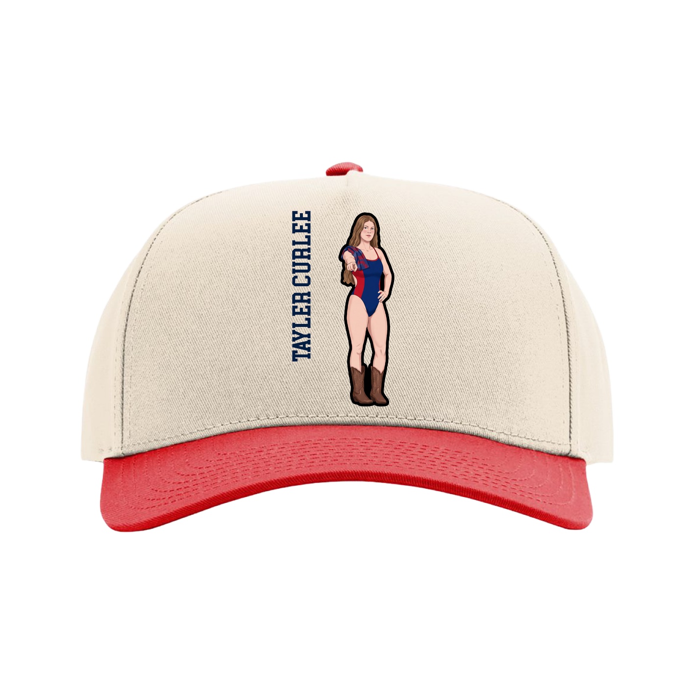 Full Fabric Five-Panel Champ Cap — Name Vertical in Cream/Red