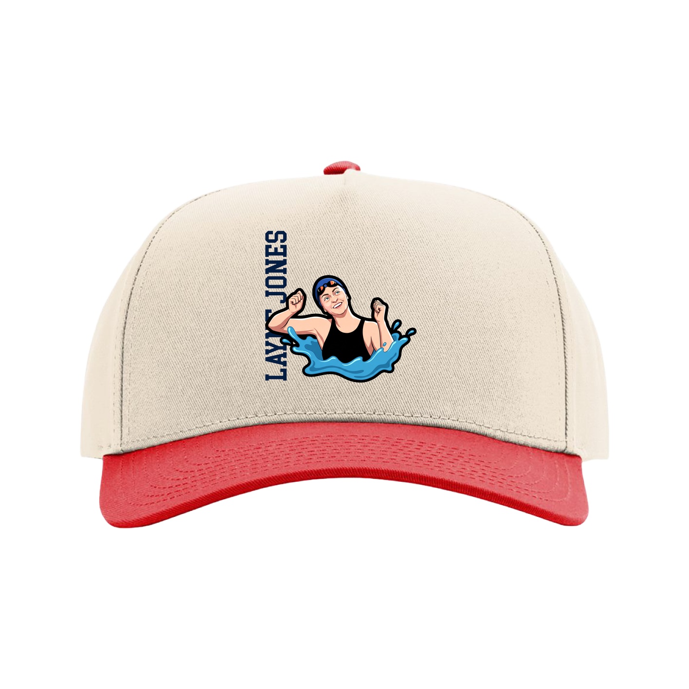 Full Fabric Five-Panel Champ Cap — Name Vertical in Cream/Red