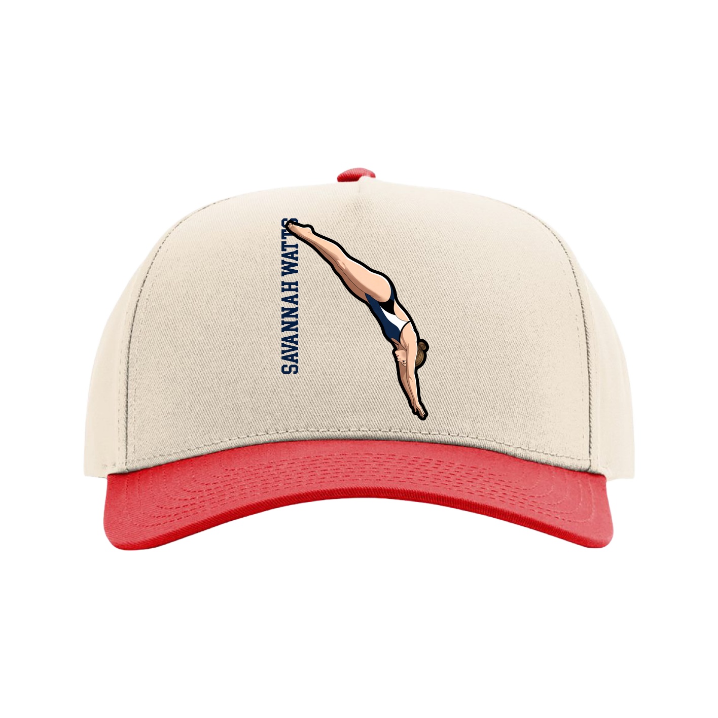Full Fabric Five-Panel Champ Cap — Name Vertical in Cream/Red