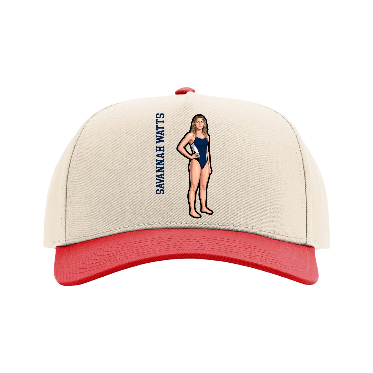 Full Fabric Five-Panel Champ Cap — Name Vertical in Cream/Red