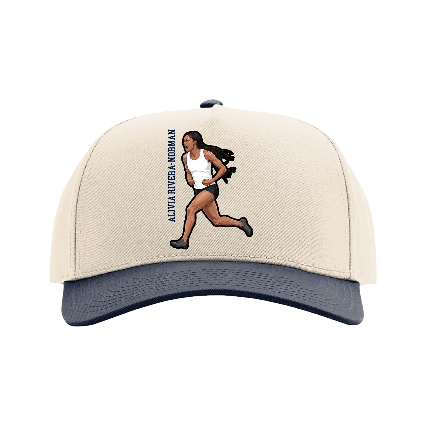 Full Fabric Five-Panel Champ Cap — Name Vertical in Cream/Navy