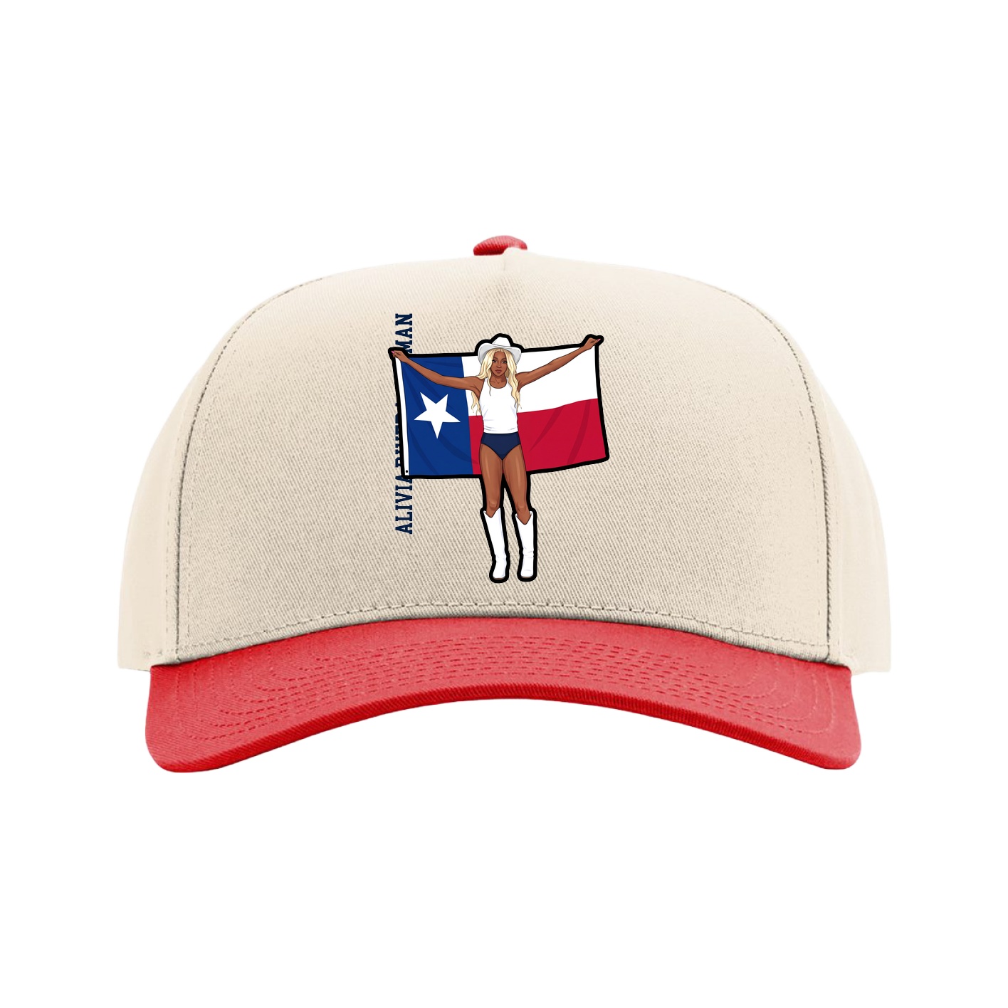 Full Fabric Five-Panel Champ Cap — Name Vertical in Cream/Red