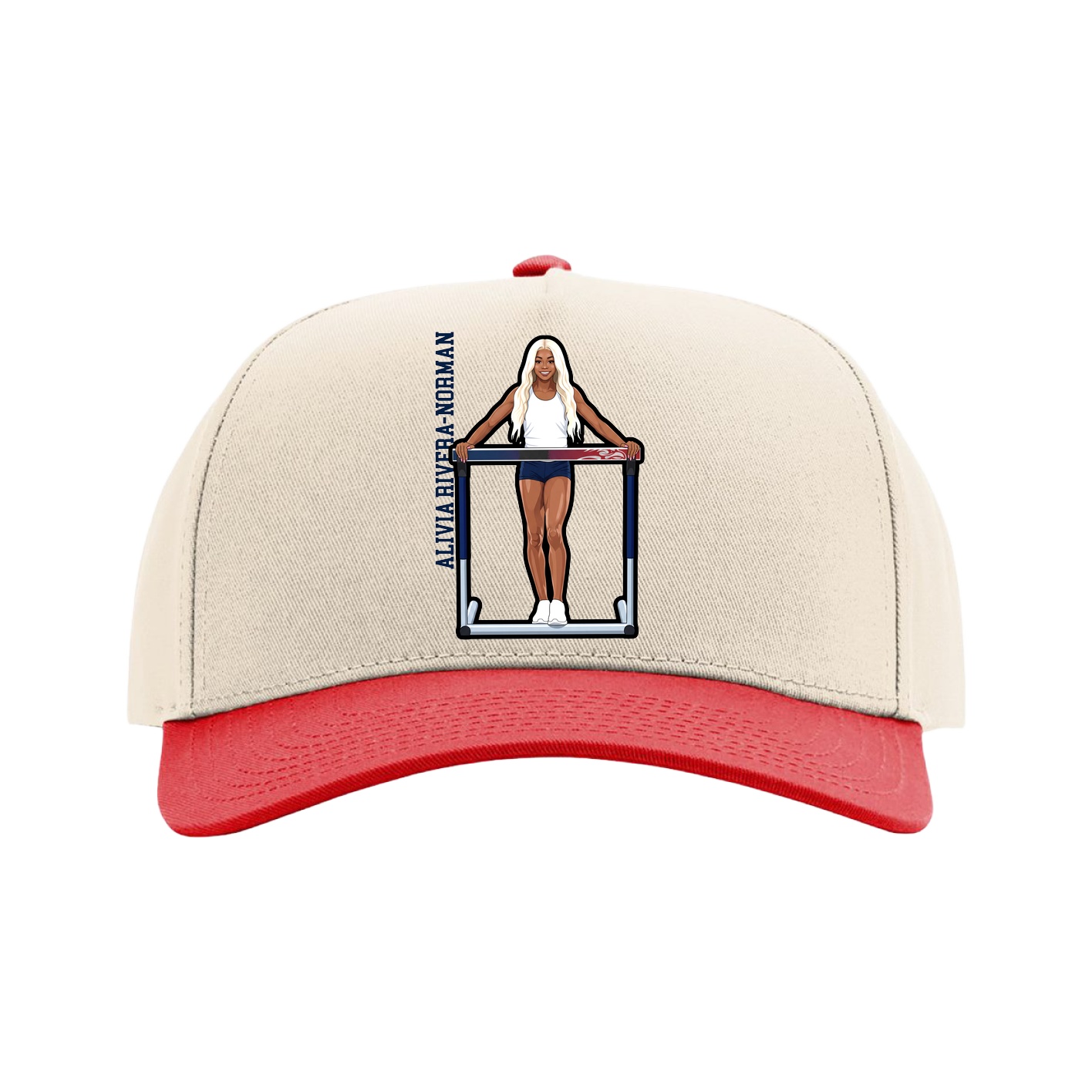 Full Fabric Five-Panel Champ Cap — Name Vertical in Cream/Red