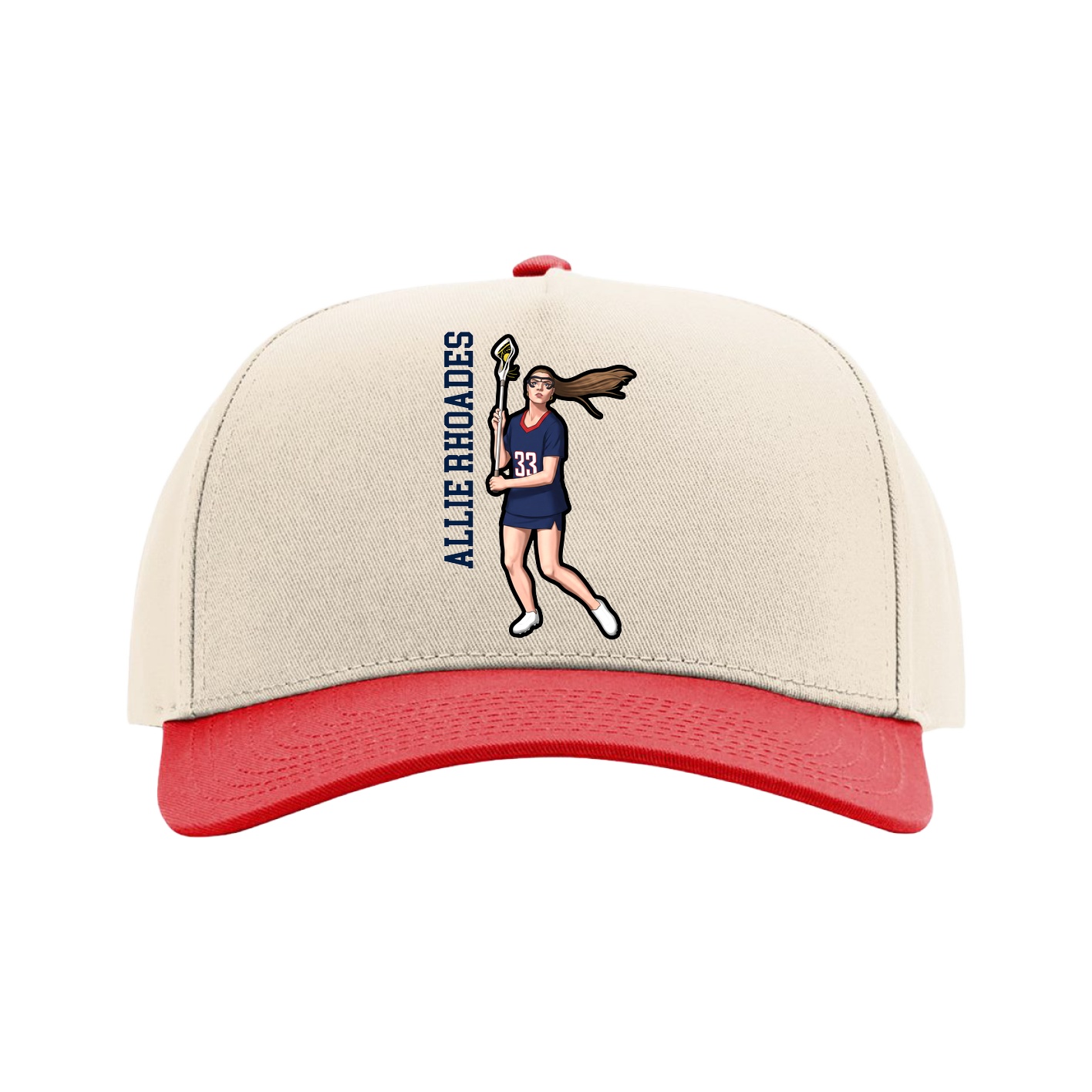 Full Fabric Five-Panel Champ Cap — Name Vertical in Cream/Red