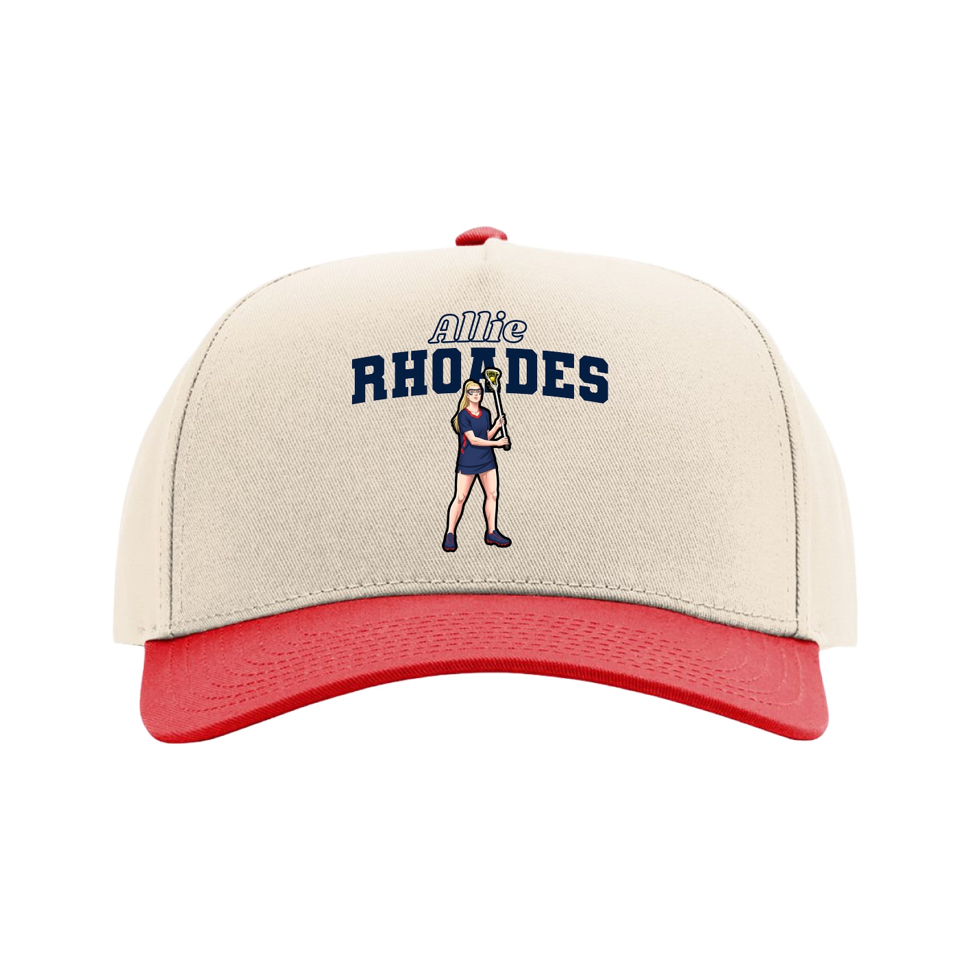 Full Fabric Five-Panel Champ Cap — Name Arch in Cream/Red