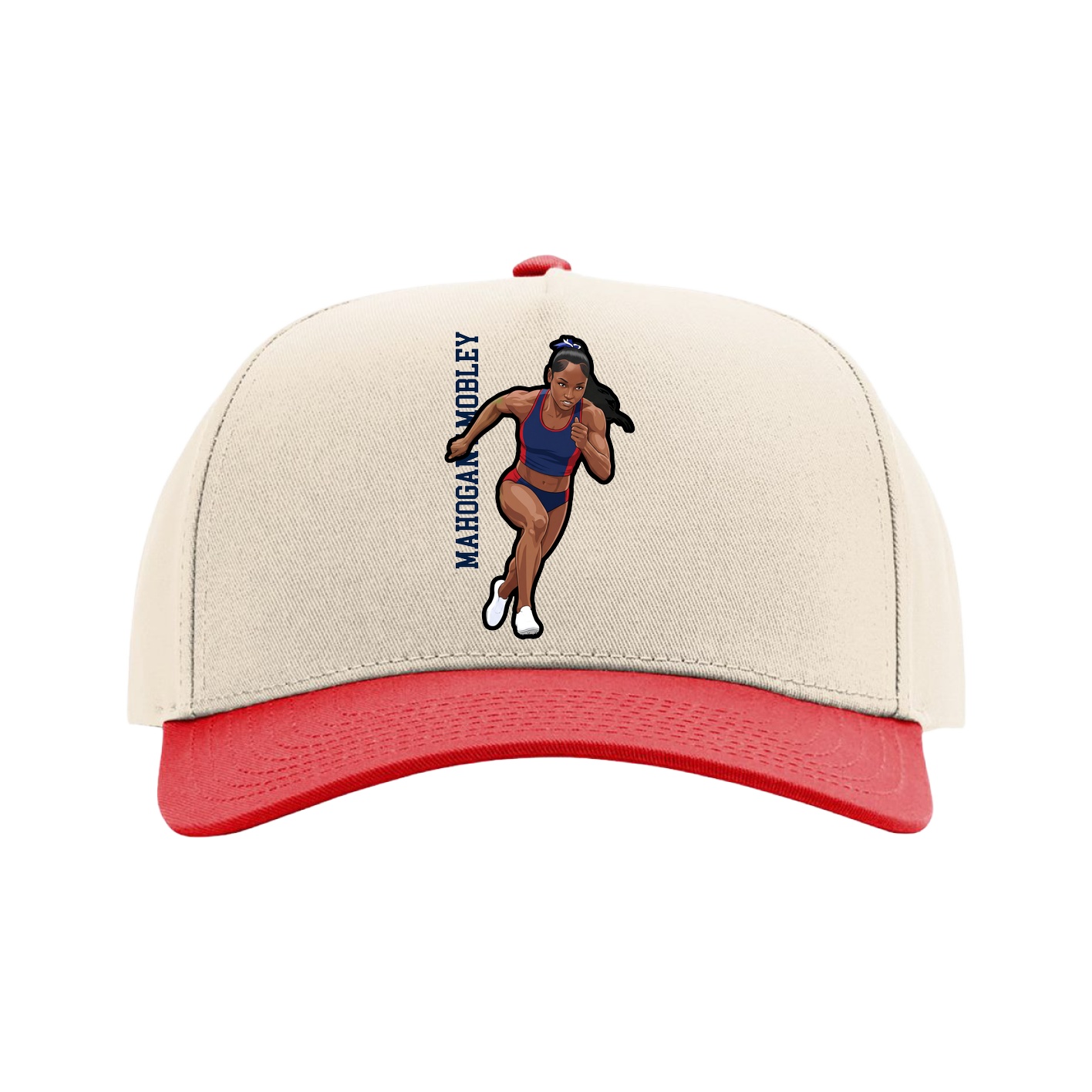 Full Fabric Five-Panel Champ Cap — Name Vertical in Cream/Red