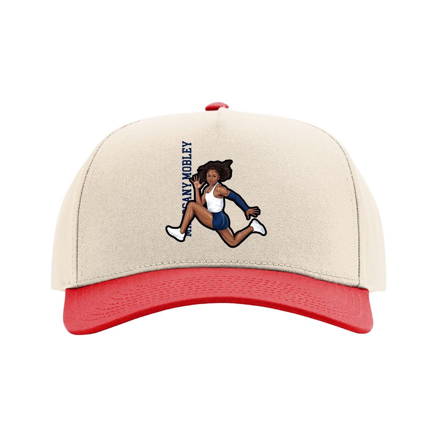 Full Fabric Five-Panel Champ Cap — Name Vertical in Cream/Red