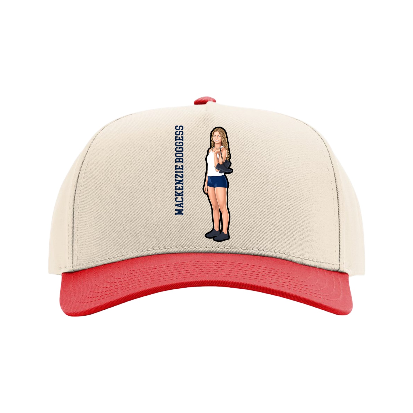 Full Fabric Five-Panel Champ Cap — Name Vertical in Cream/Red